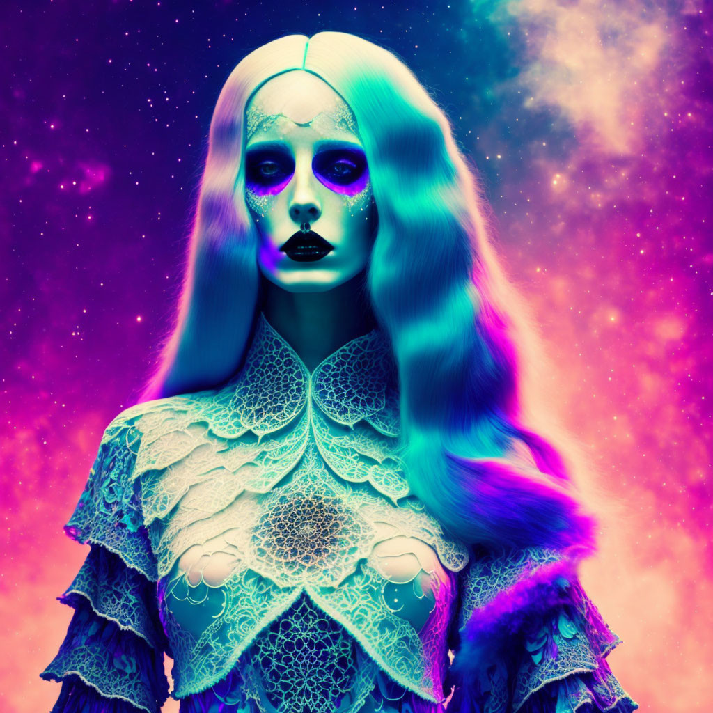 Pale-skinned person with white hair in surreal cosmic portrait.