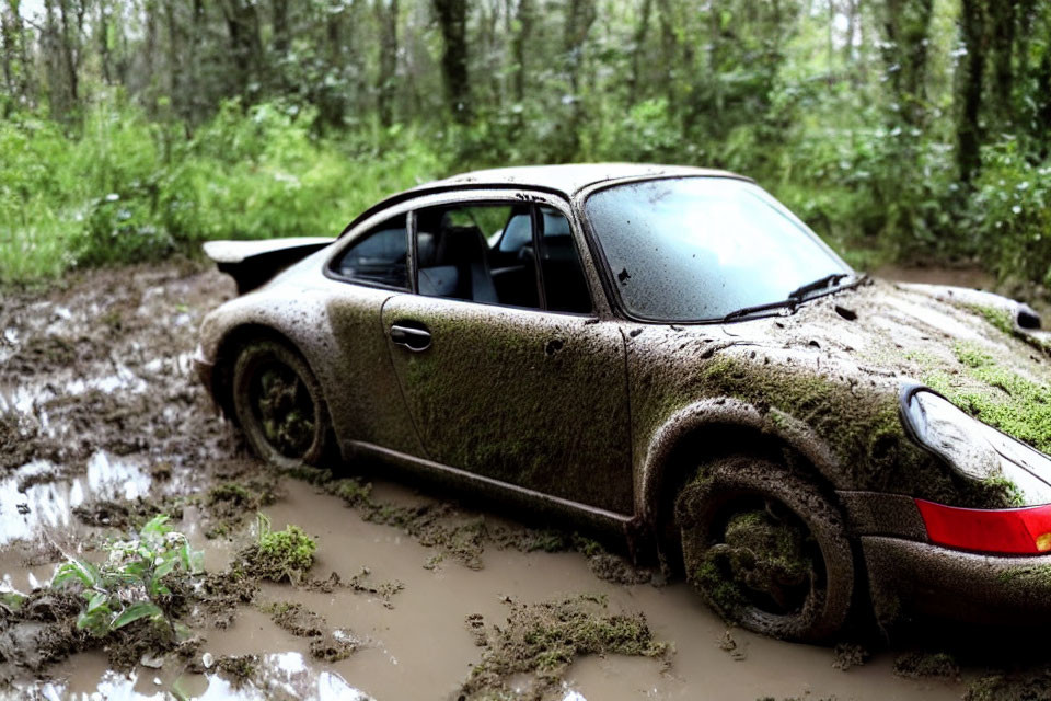 Abandoned Porsche covered in mud and moss in wet forest