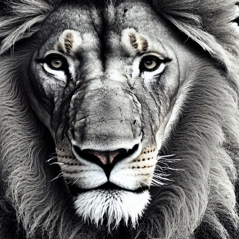 Majestic lion face with intense eyes and black mane in high contrast.