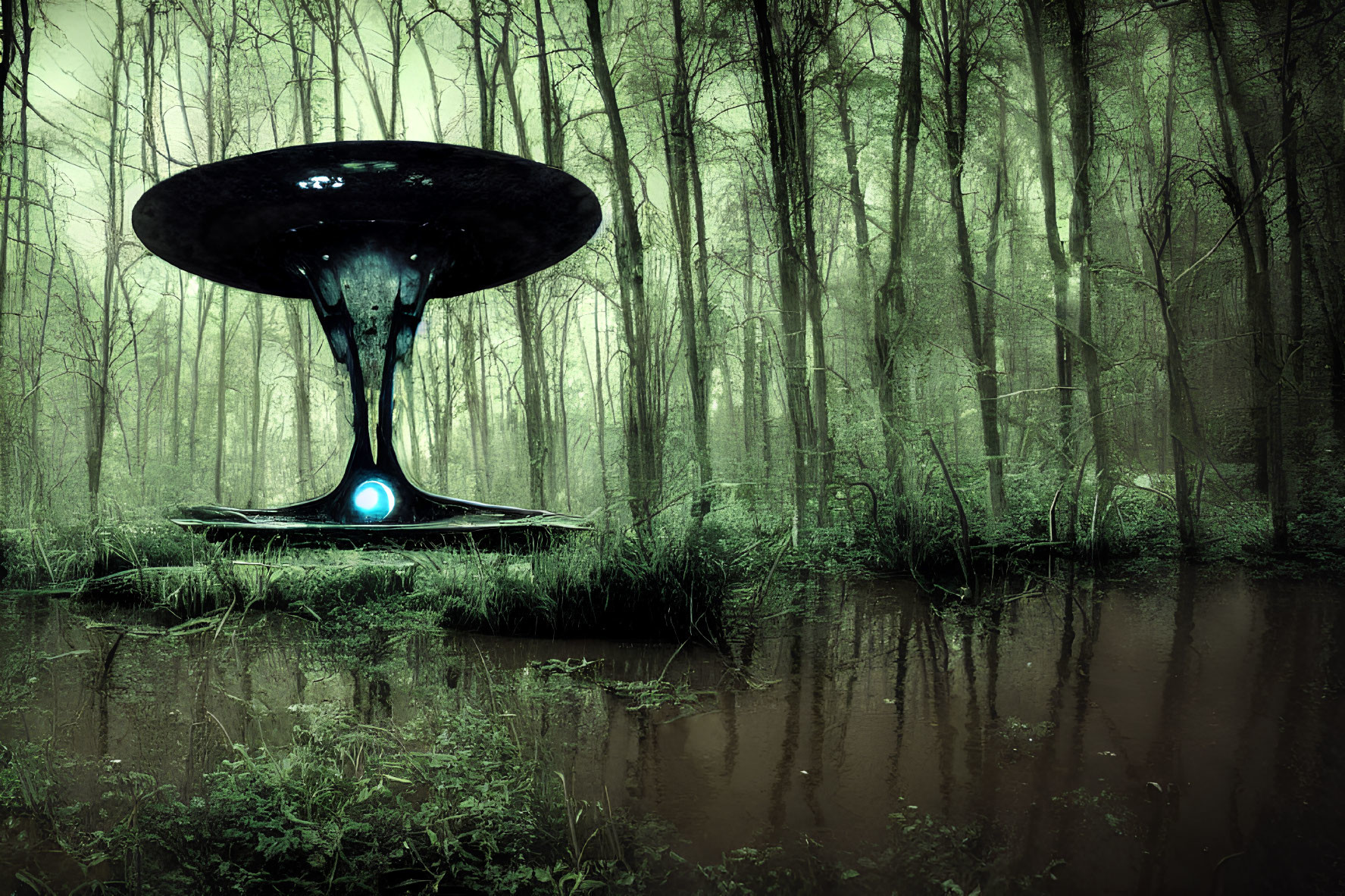 Mysterious UFO lands near murky pond in misty forest