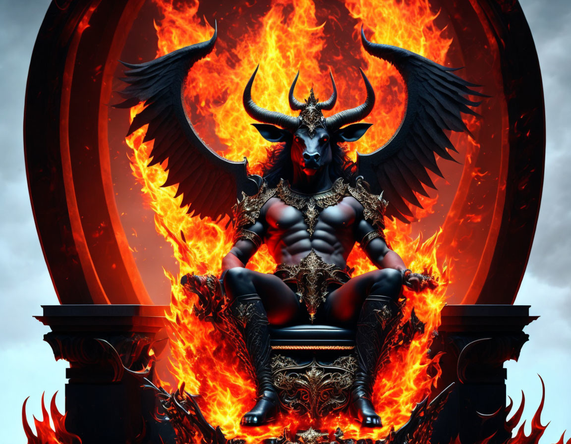 Demonic figure with wings and horns on fiery throne in stormy sky