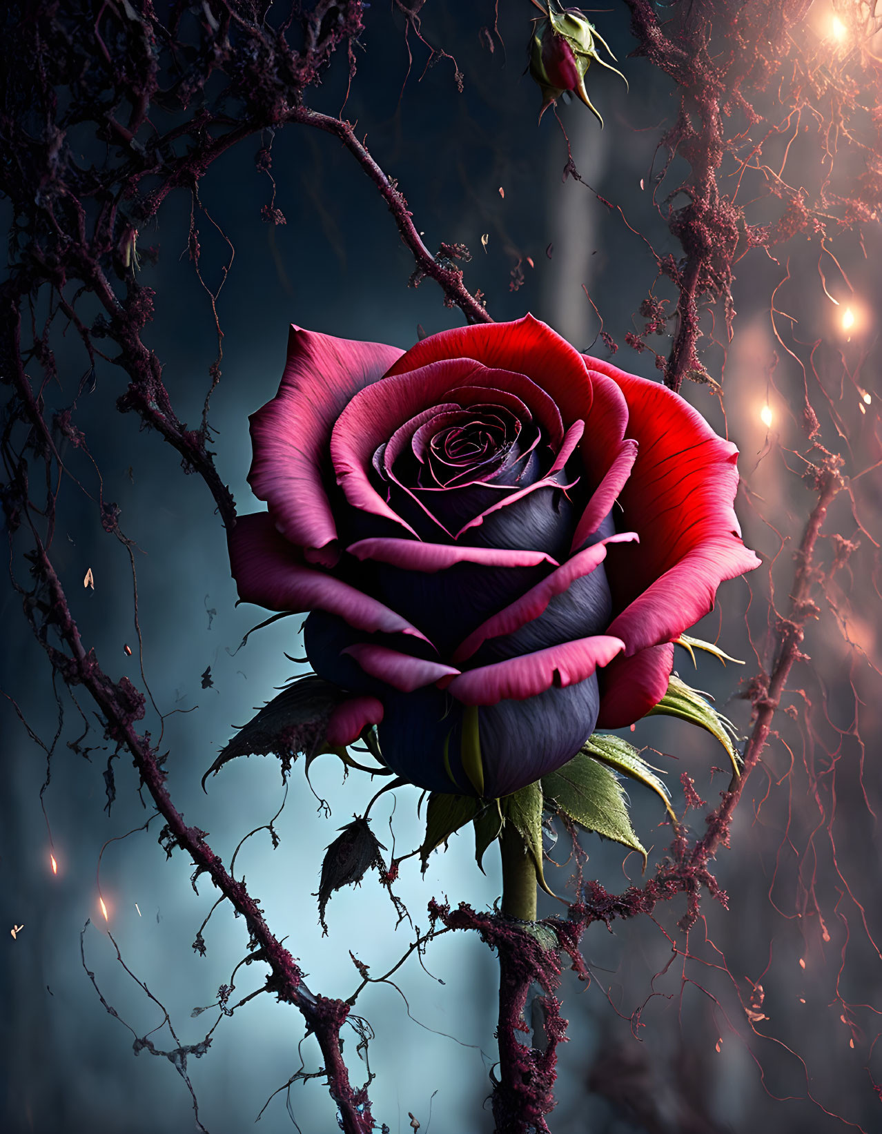 Vibrant red rose with dark thorny branches on blue background