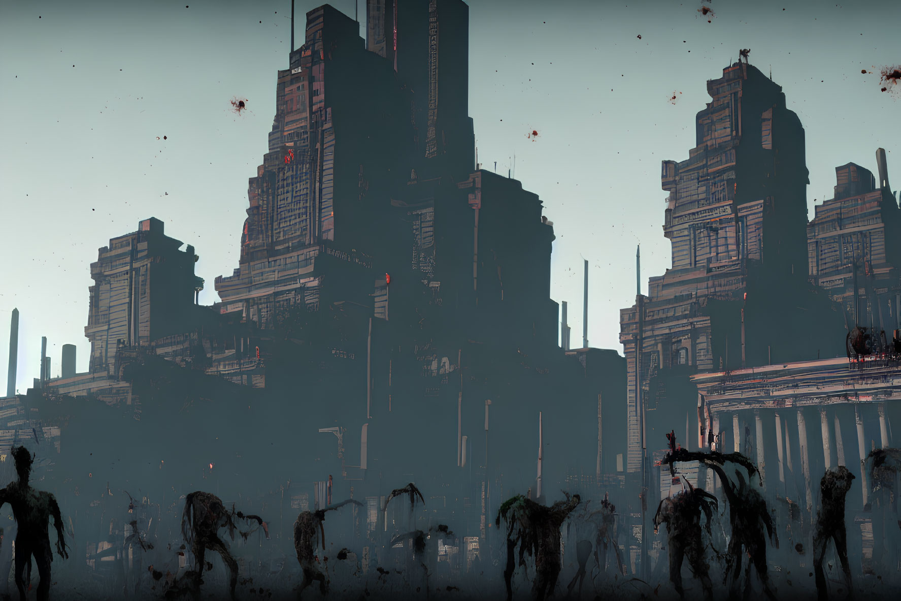 Dystopian landscape with decrepit skyscrapers and humanoid silhouettes.