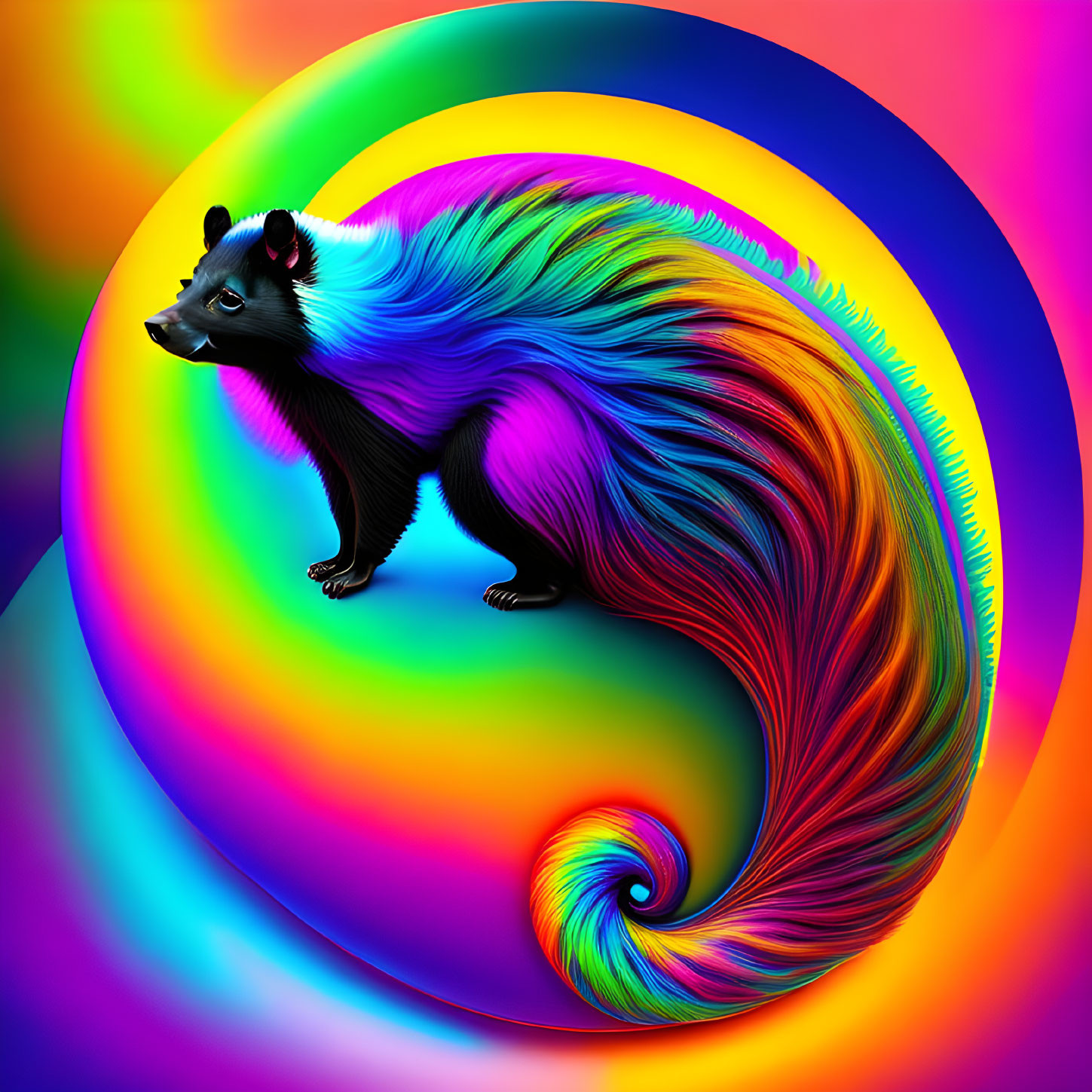 Colorful Skunk with Rainbow Swirled Tail on Psychedelic Background