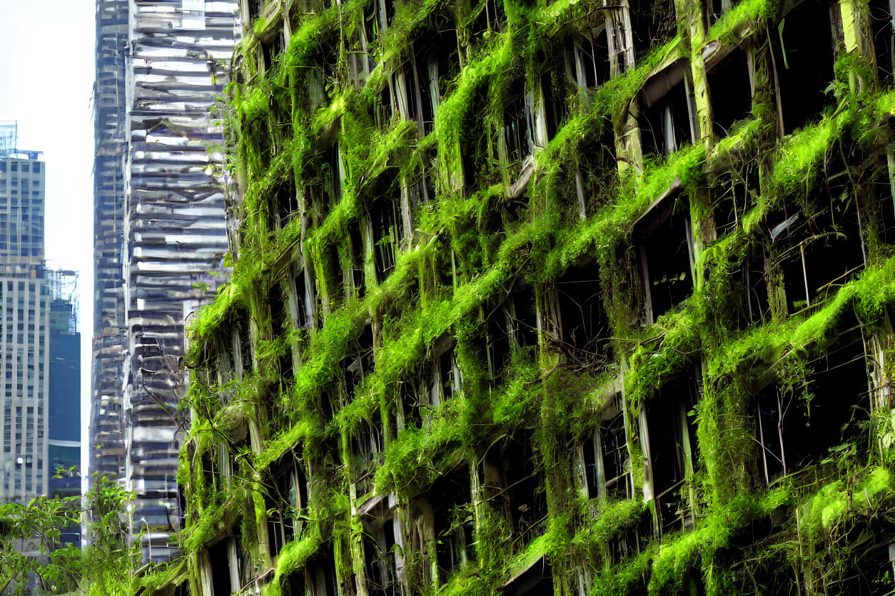 Urban building covered in green vines against skyscrapers