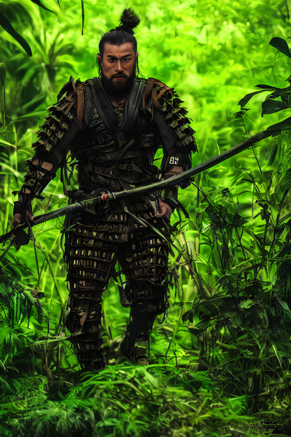 Traditional Samurai Warrior in Armor with Long Sword Amidst Dense Green Foliage