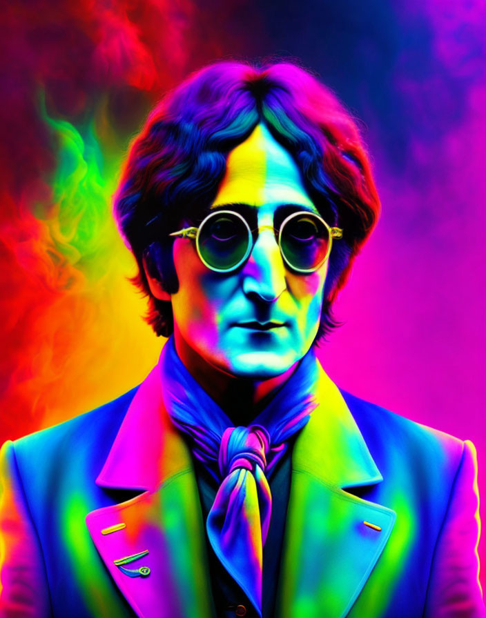 Colorful Portrait of Person with Round Glasses in Psychedelic Purple Hues