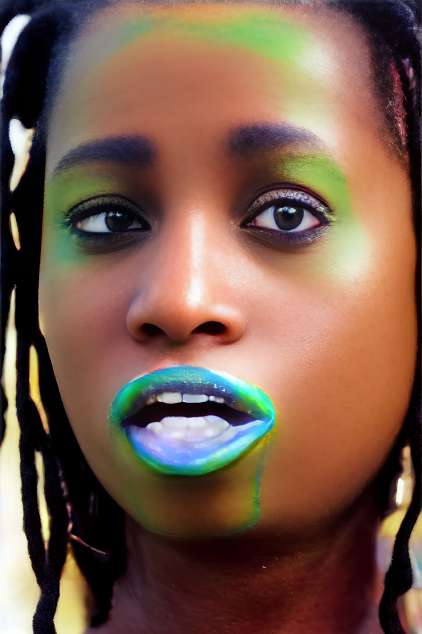 Close-up of person with vibrant green and yellow eye makeup and glossy green and blue lips, dark skin