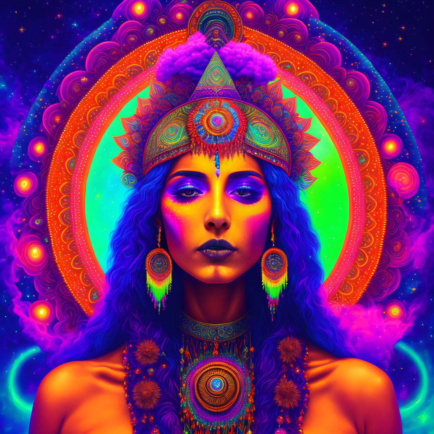 Colorful digital art: woman with ornate headdress in cosmic setting