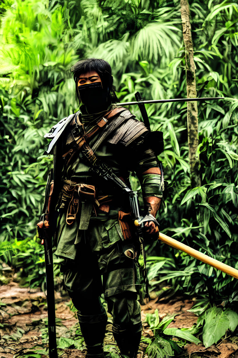 Person in tactical gear with bow, arrows, and sword in dense forest