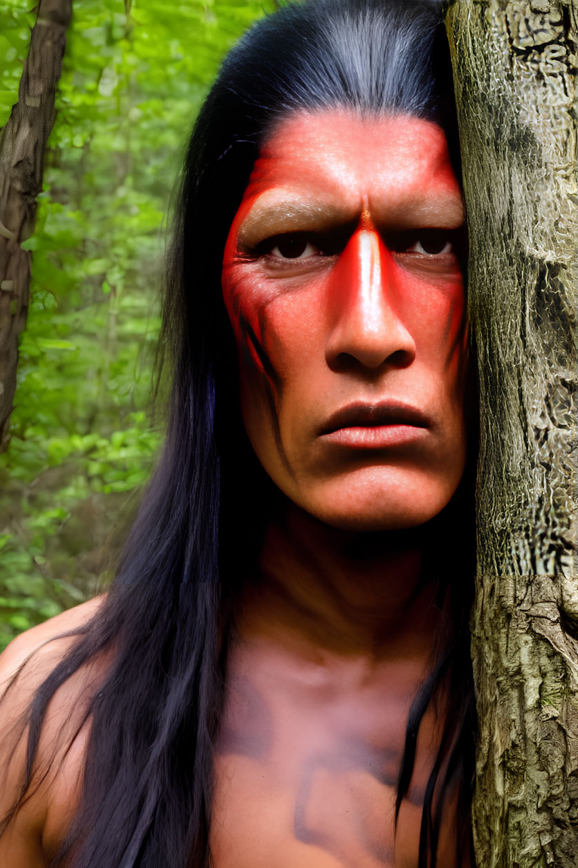 Person with Long Black Hair and Red Facial Paint Gazing from Forest Tree