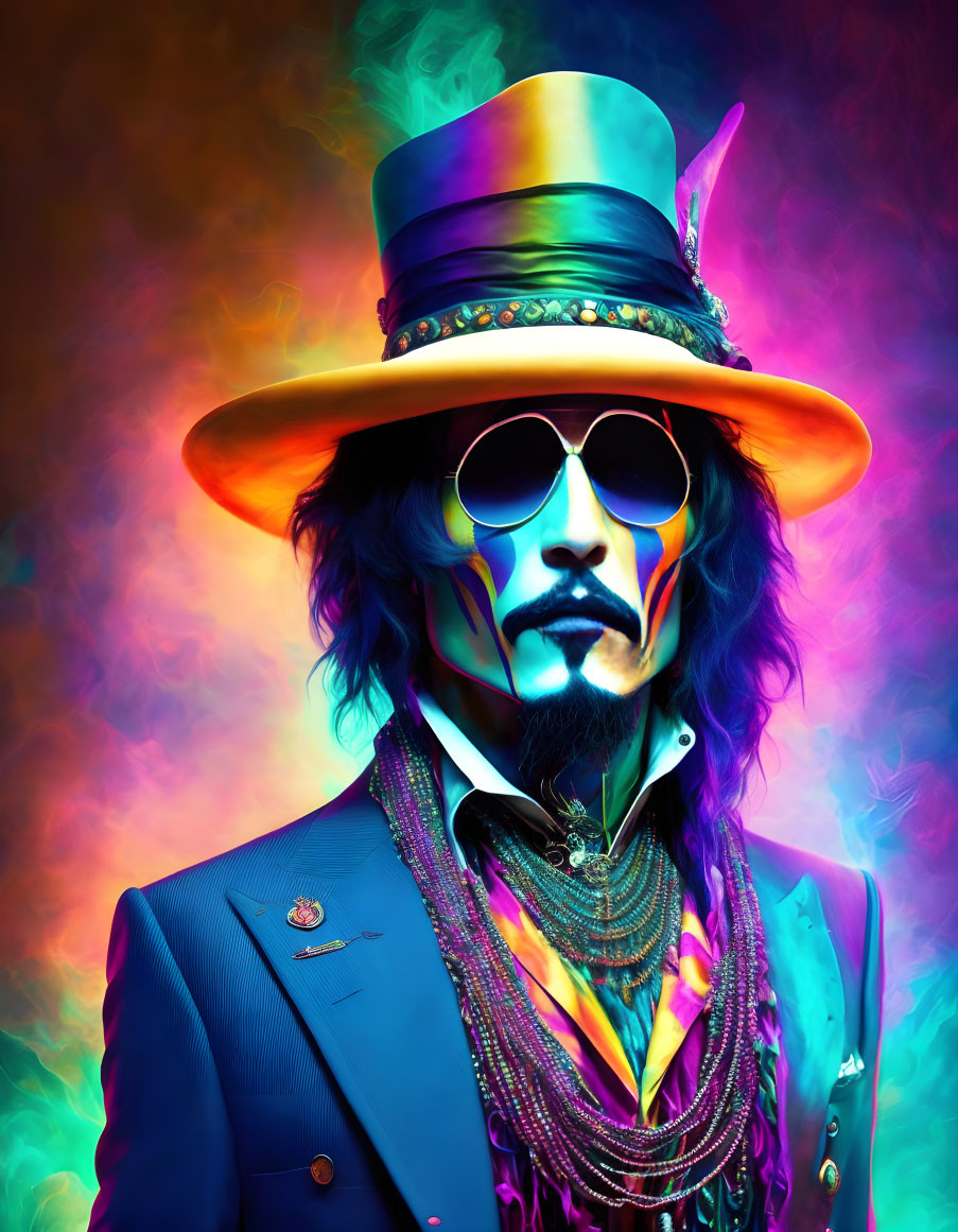 Colorful portrait of person in top hat and sunglasses on psychedelic background