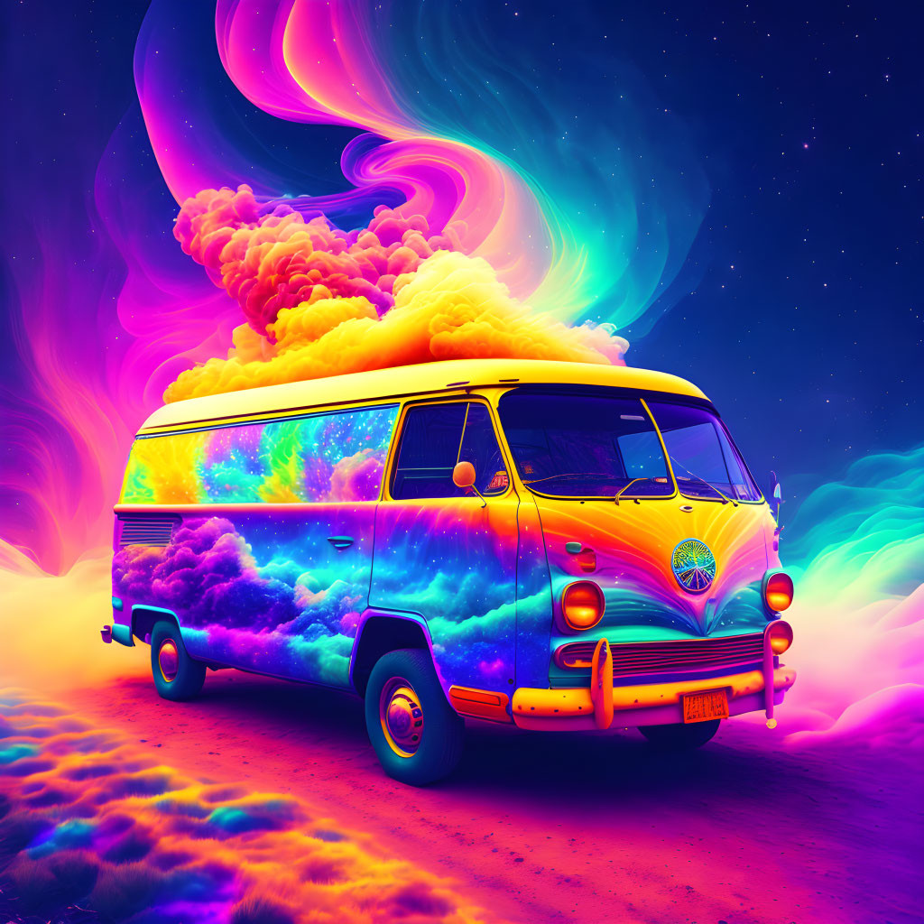 Vintage van with starry nebula bodywork on swirling cosmic background