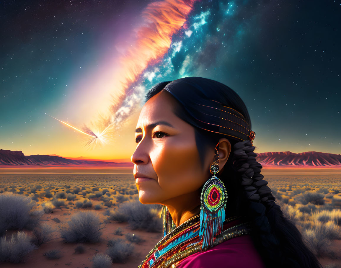 Native American woman in traditional attire under starry desert sky