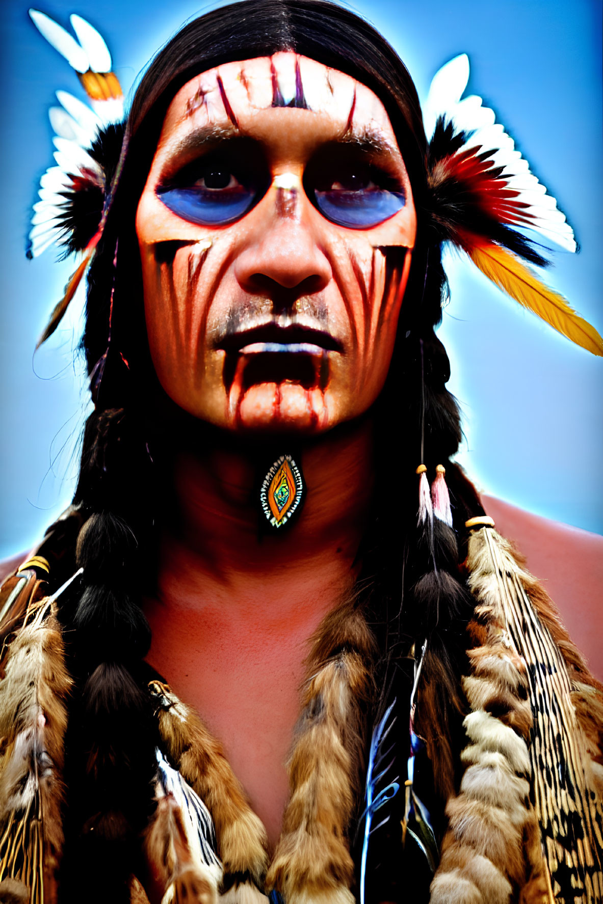 Person in Native American headdress with feathers, painted face, and turquoise pendant.