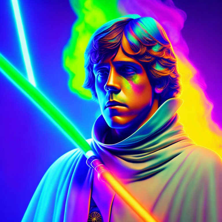 Colorful portrait of young male with green lightsaber in neon hues