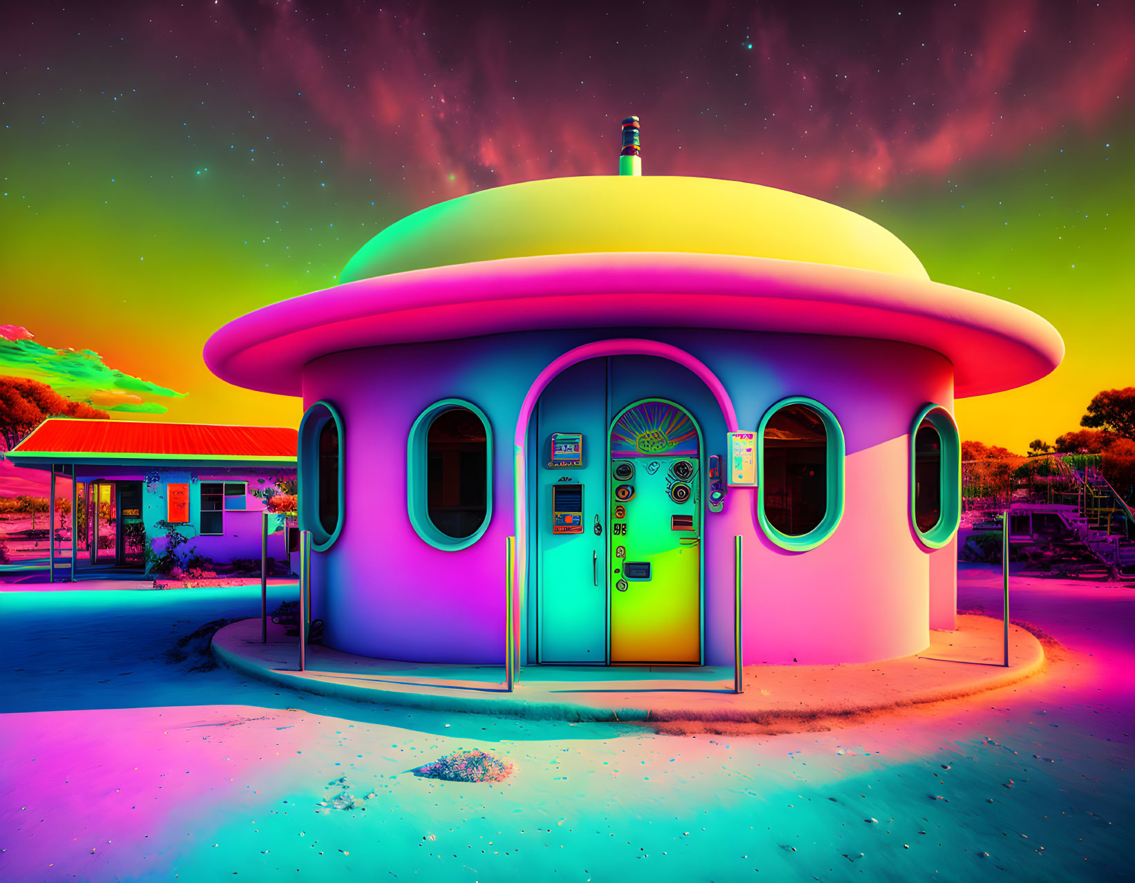 Surreal dome-shaped building with neon colors under starry sky