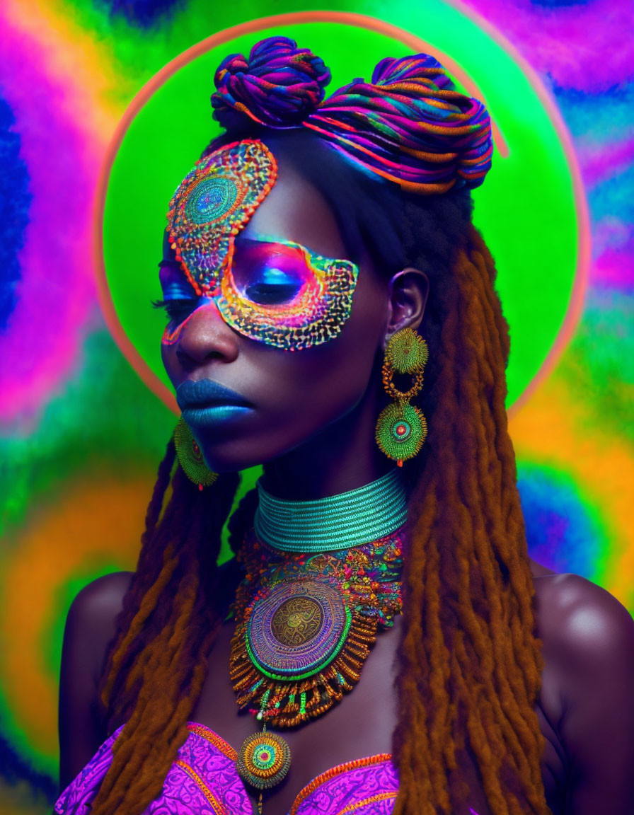 Colorful face art and vibrant makeup with beaded accessories on a woman in a psychedelic setting.