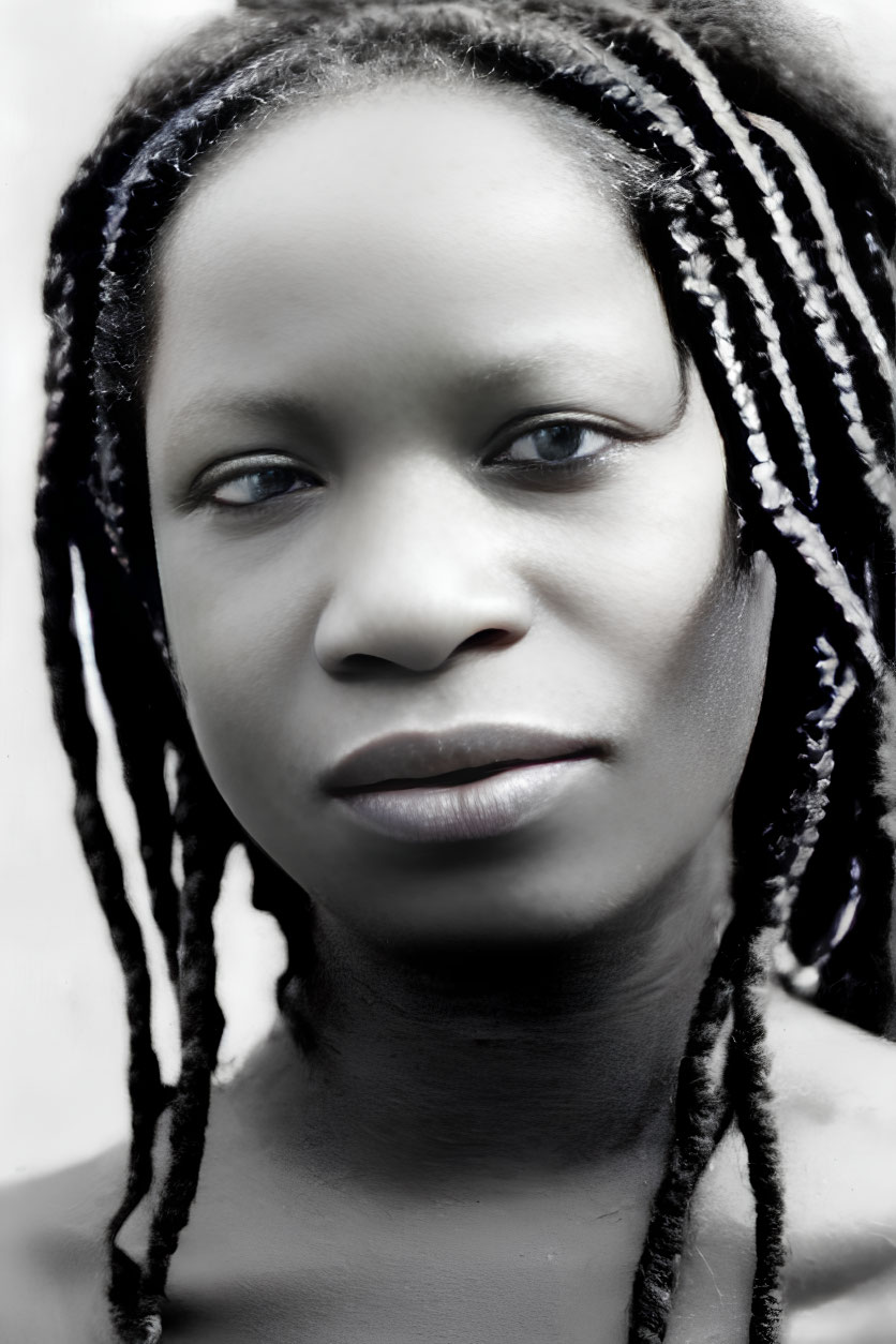 Monochrome portrait of woman with braided hair and contemplative expression