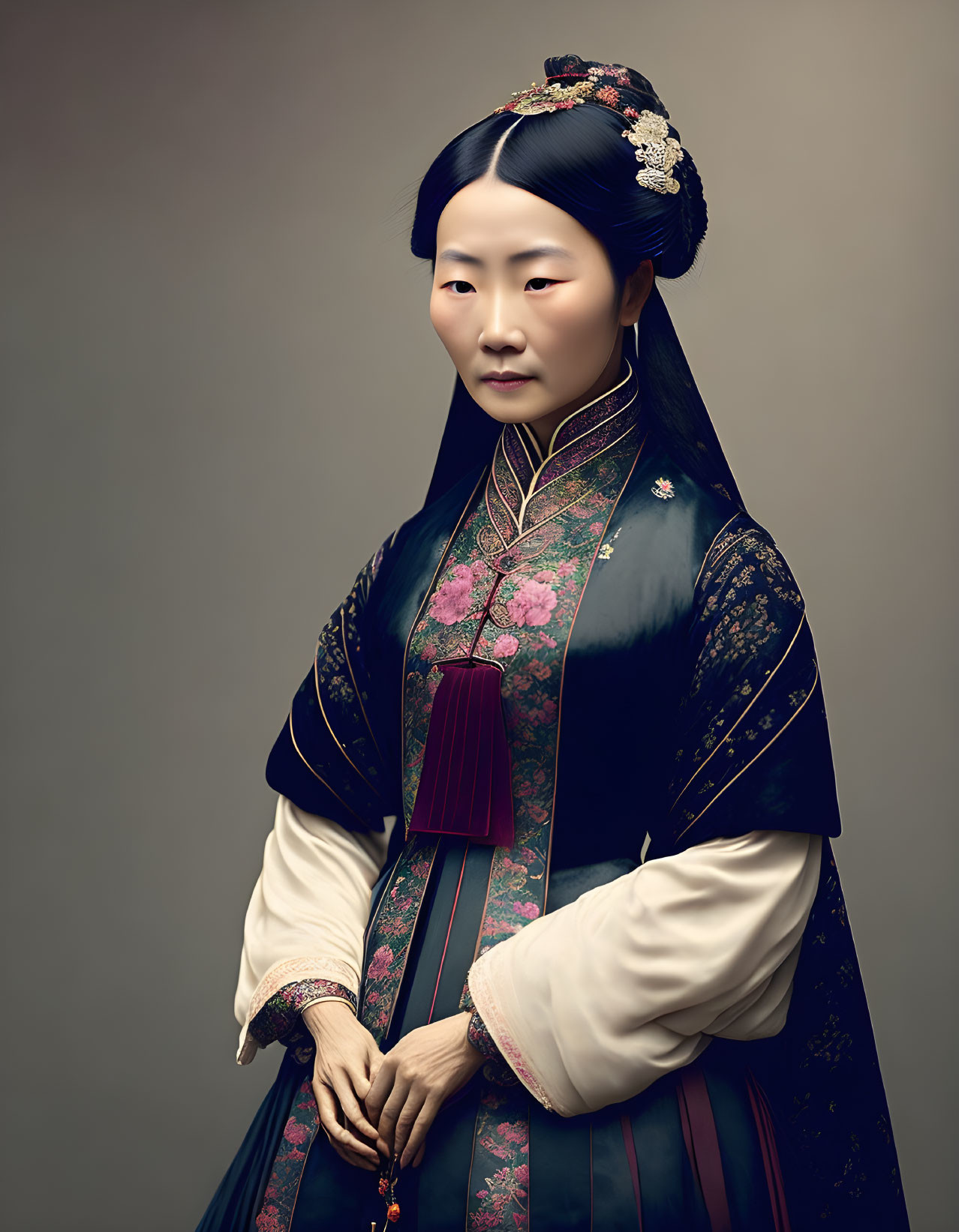 Traditional East Asian Attire Woman with Floral Design and Headdress