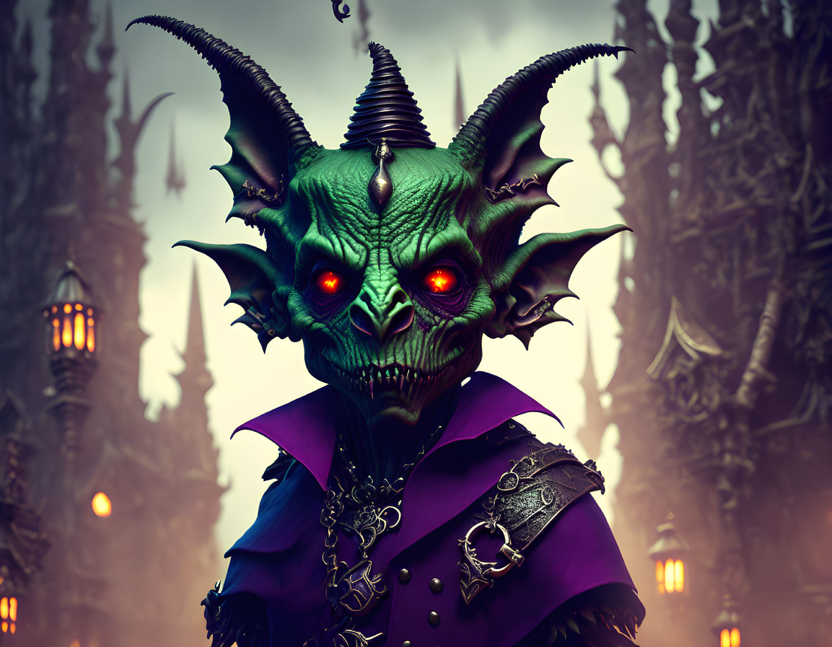 Fantasy demon with red eyes, green skin, horns, purple robe, chains, and eerie towers