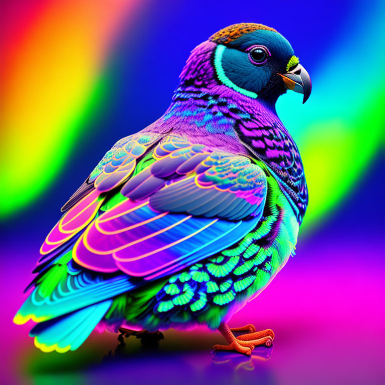 Colorful Digital Artwork: Neon Bird on Psychedelic Background