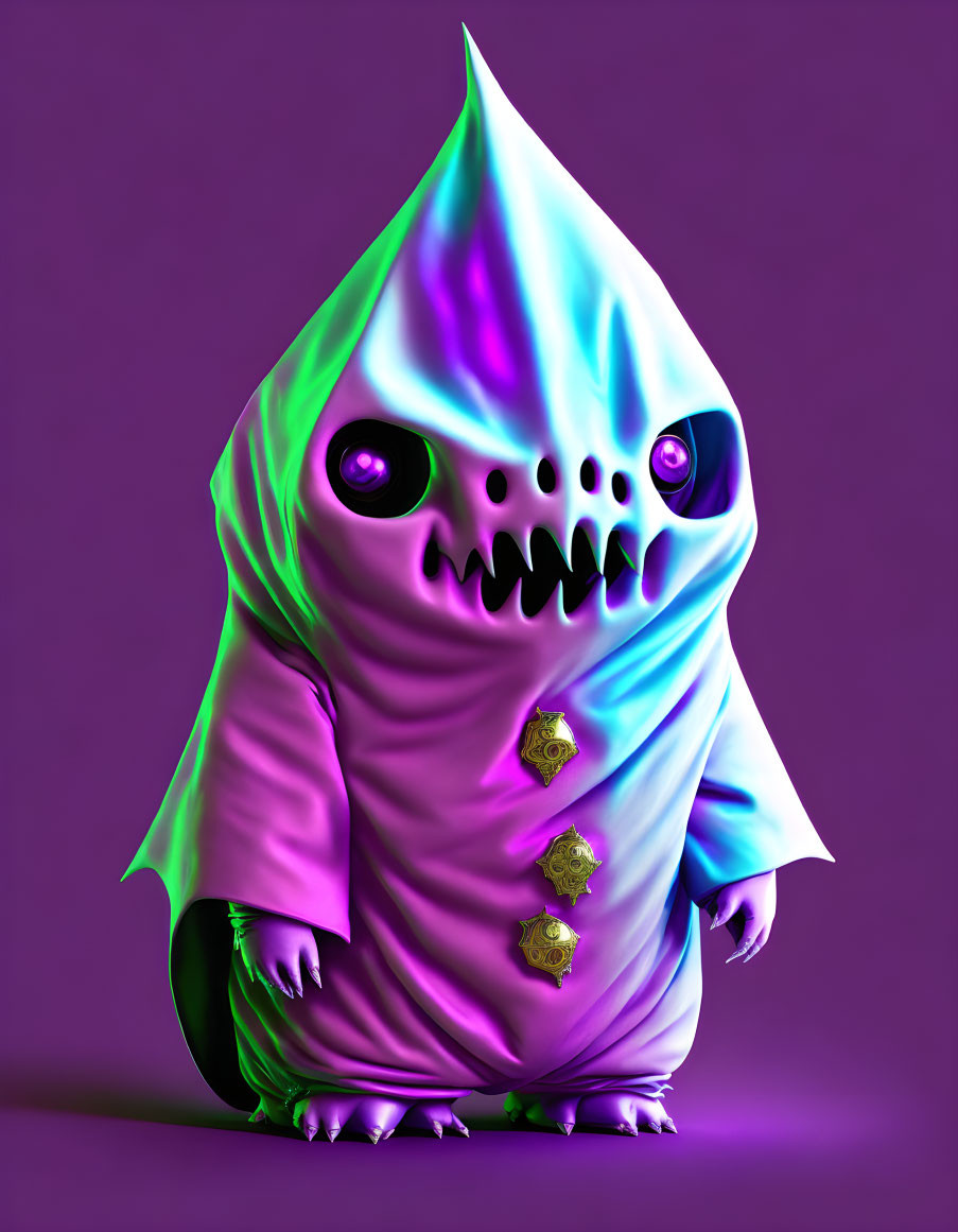 Colorful Hooded Creature with Big Eyes and Sharp Teeth on Purple Background