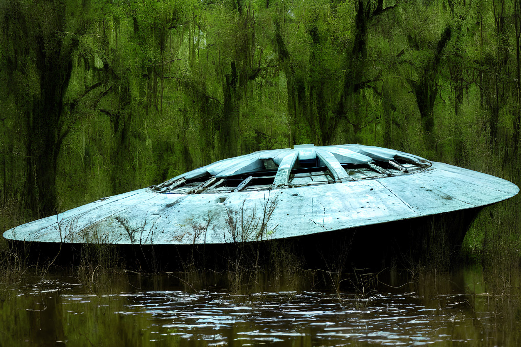 Dilapidated UFO-shaped structure in swamp with Spanish moss-covered trees