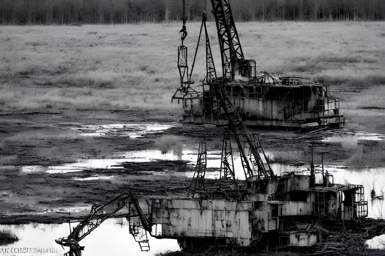 Monochrome photo: abandoned crane by water in desolate scenery