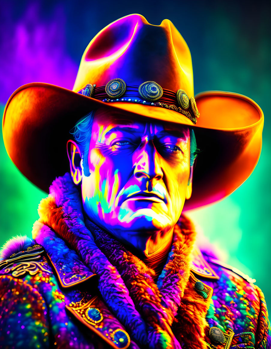 Colorful Psychedelic Portrait of Person in Cowboy Hat with Intense Gaze