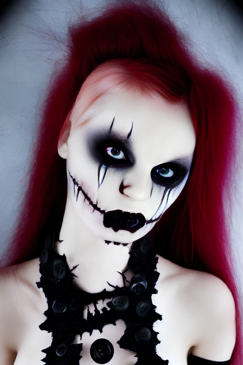 Vibrant red hair with skull-like face paint and dark eye makeup