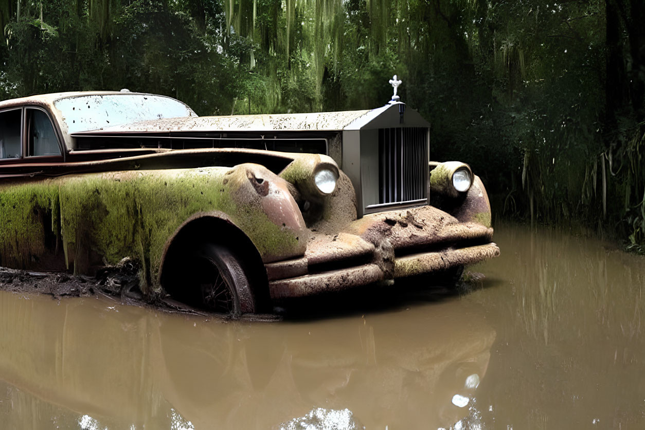 Moss-covered car in muddy water near dense trees