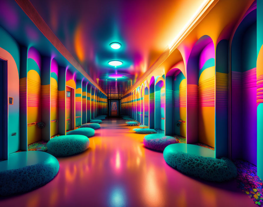 Colorful Striped Arches & Neon Lighting Hallway with Futuristic Vibes