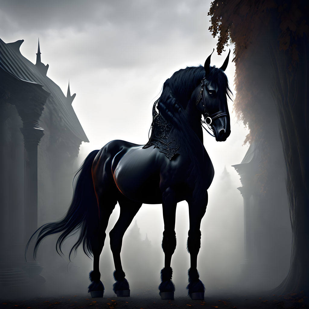 Black horse in mystical foggy setting with Gothic architecture