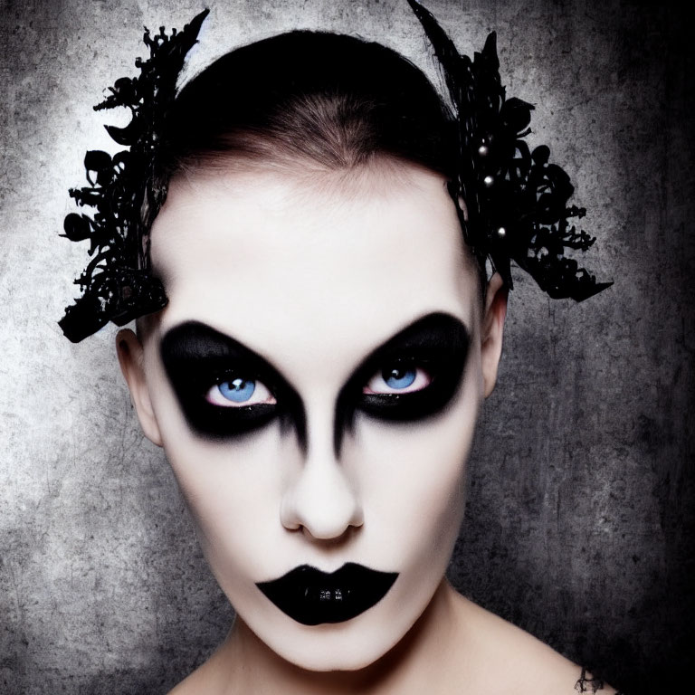 Dramatic black and white gothic makeup with intense eye shadow