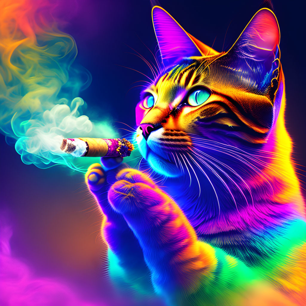 Colorful Cat Smoking Cigar in Neon Background