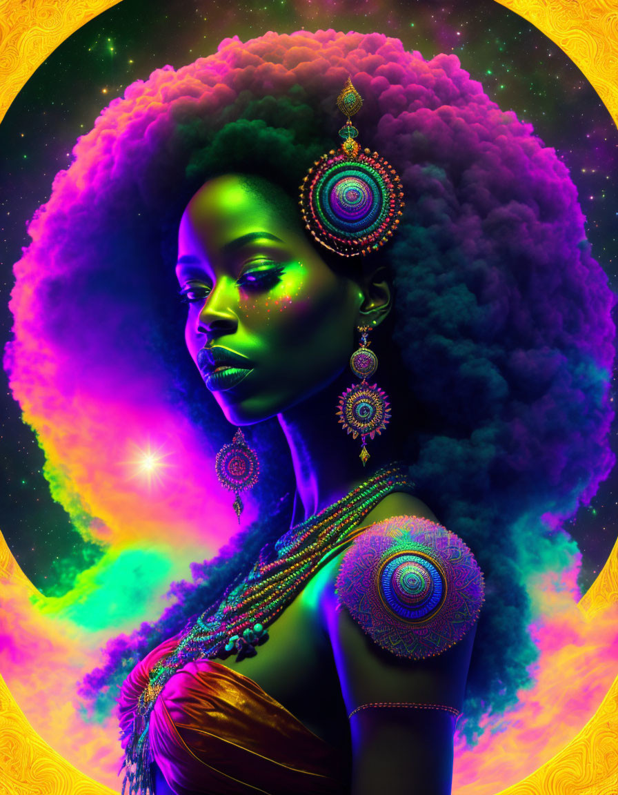 Colorful digital art: Woman with afro silhouette in cosmic setting