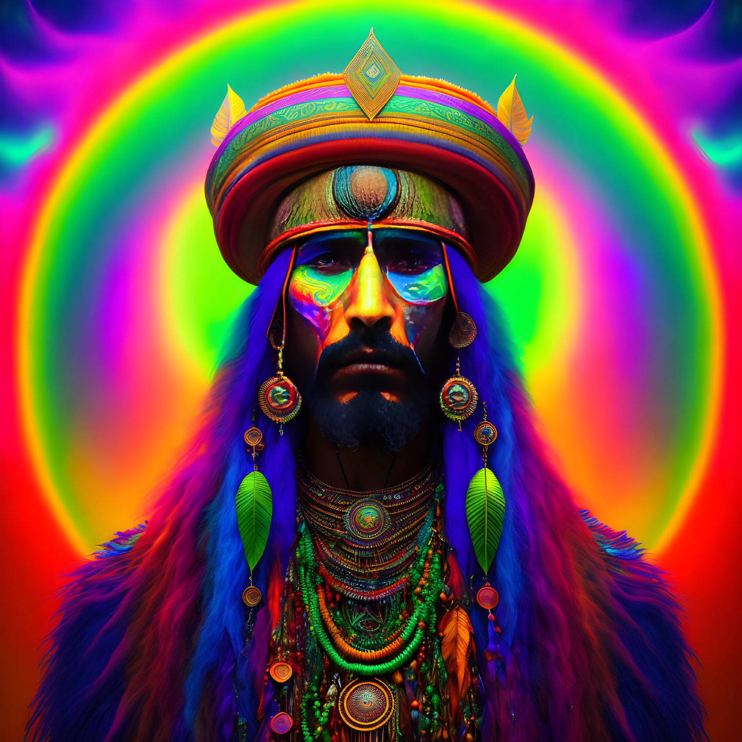 Colorful portrait of person in tribal attire with face paint on swirling rainbow background