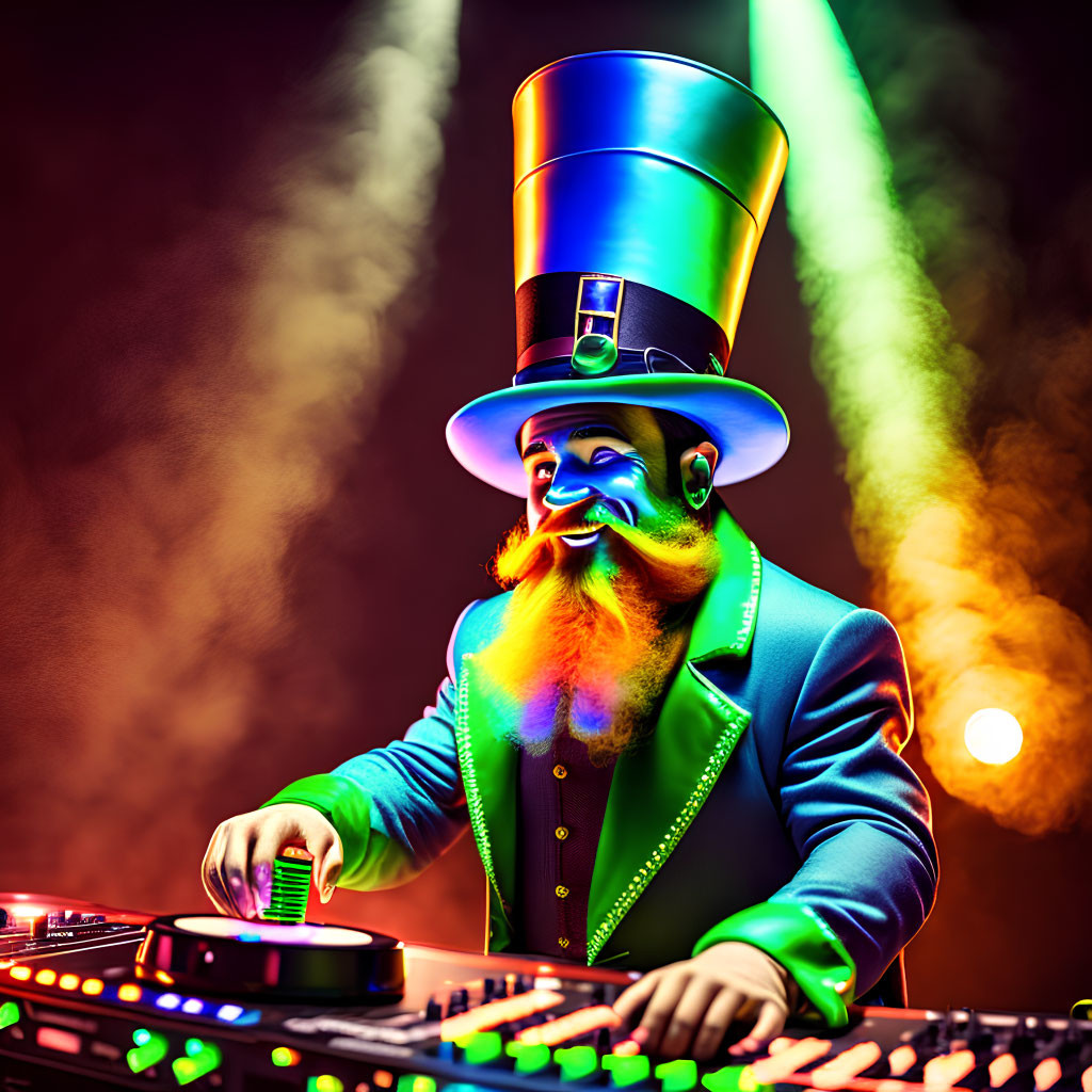 Vibrant DJ in Top Hat and Teal Suit with Colorful Lights