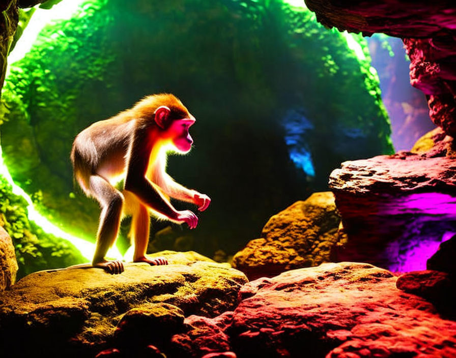 Baboon on rocks in colorful cave with vivid light