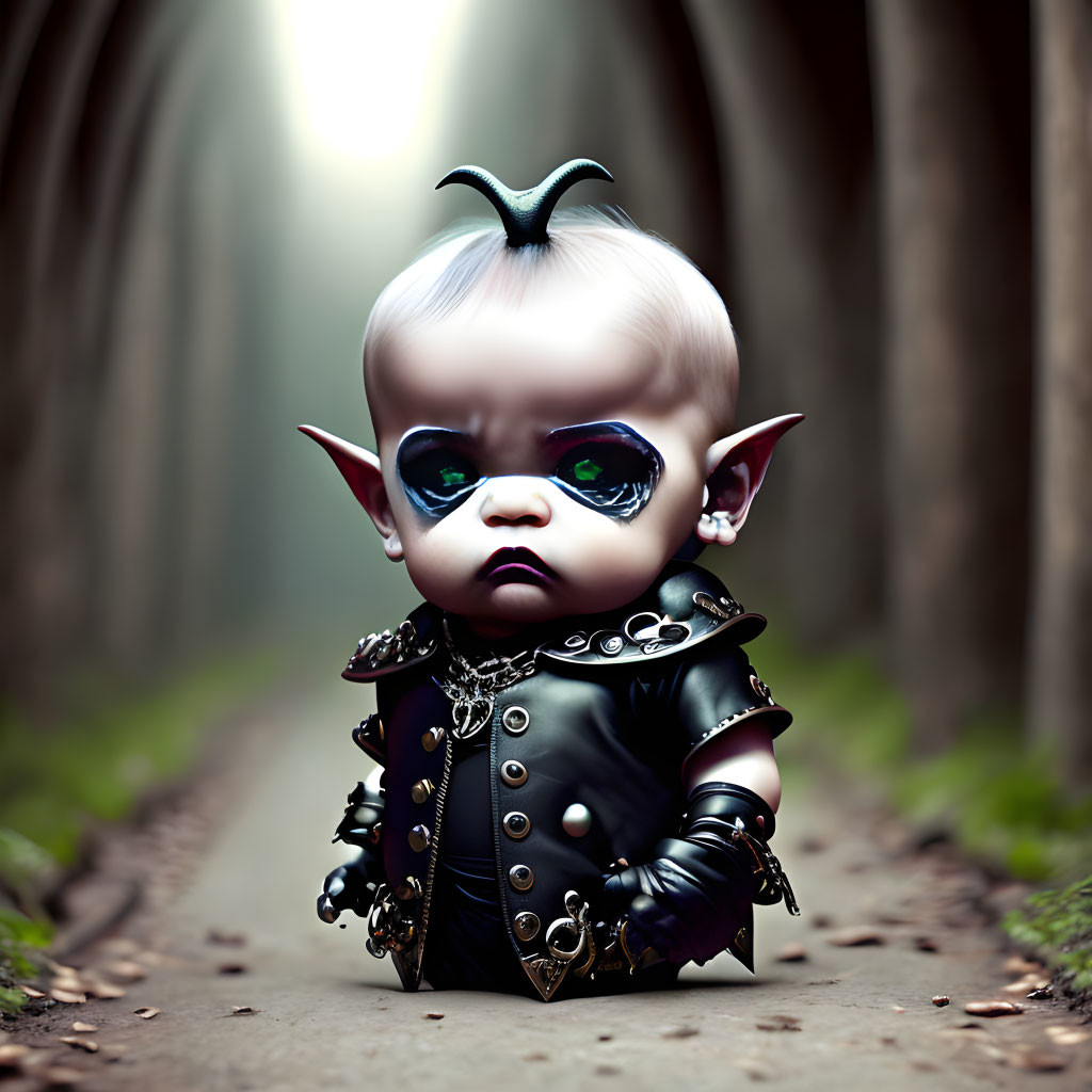 Fantasy baby with elf ears in gothic attire on misty forest path