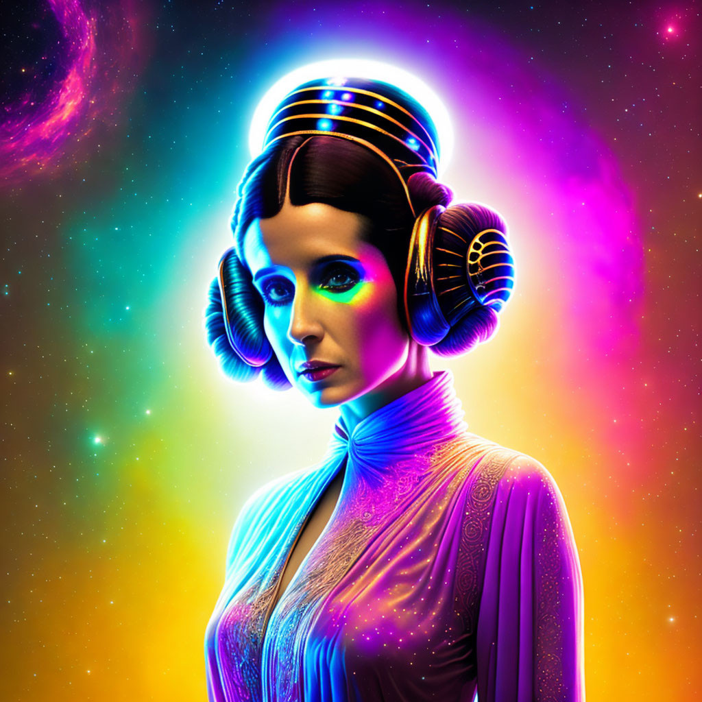 Sci-fi hairstyle woman in vibrant space backdrop with nebula.