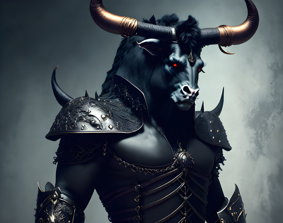 Detailed Minotaur in Black and Silver Armor on Gray Background