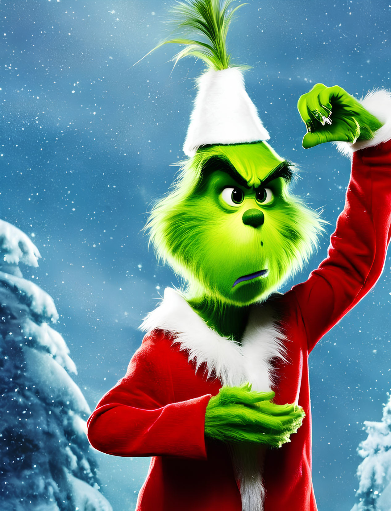 Grumpy green-furred animated character in Santa suit under snowy sky