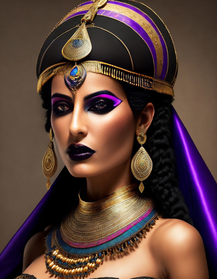 Woman in Egyptian queen attire with dramatic makeup, headdress, gold jewelry, purple cloak