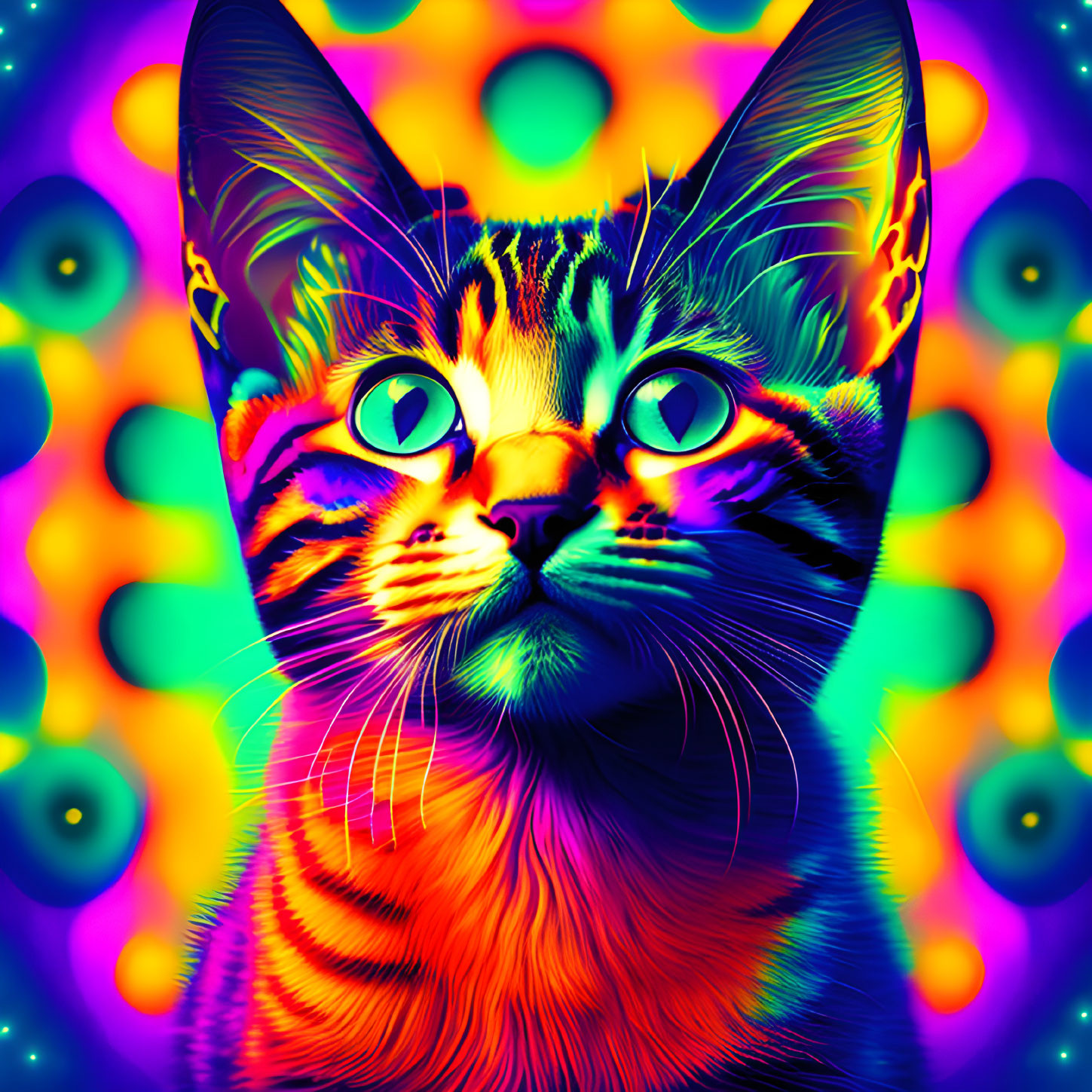 Colorful Cat Portrait with Psychedelic Patterns and Expressive Eyes