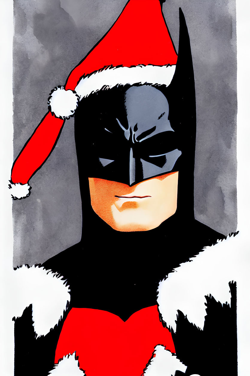 Festive Batman in Santa Hat with Snowy Background