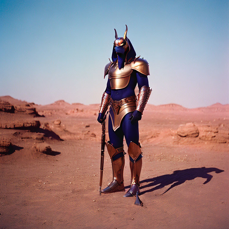 Fantasy warrior in horned helmet with weapon in desert setting