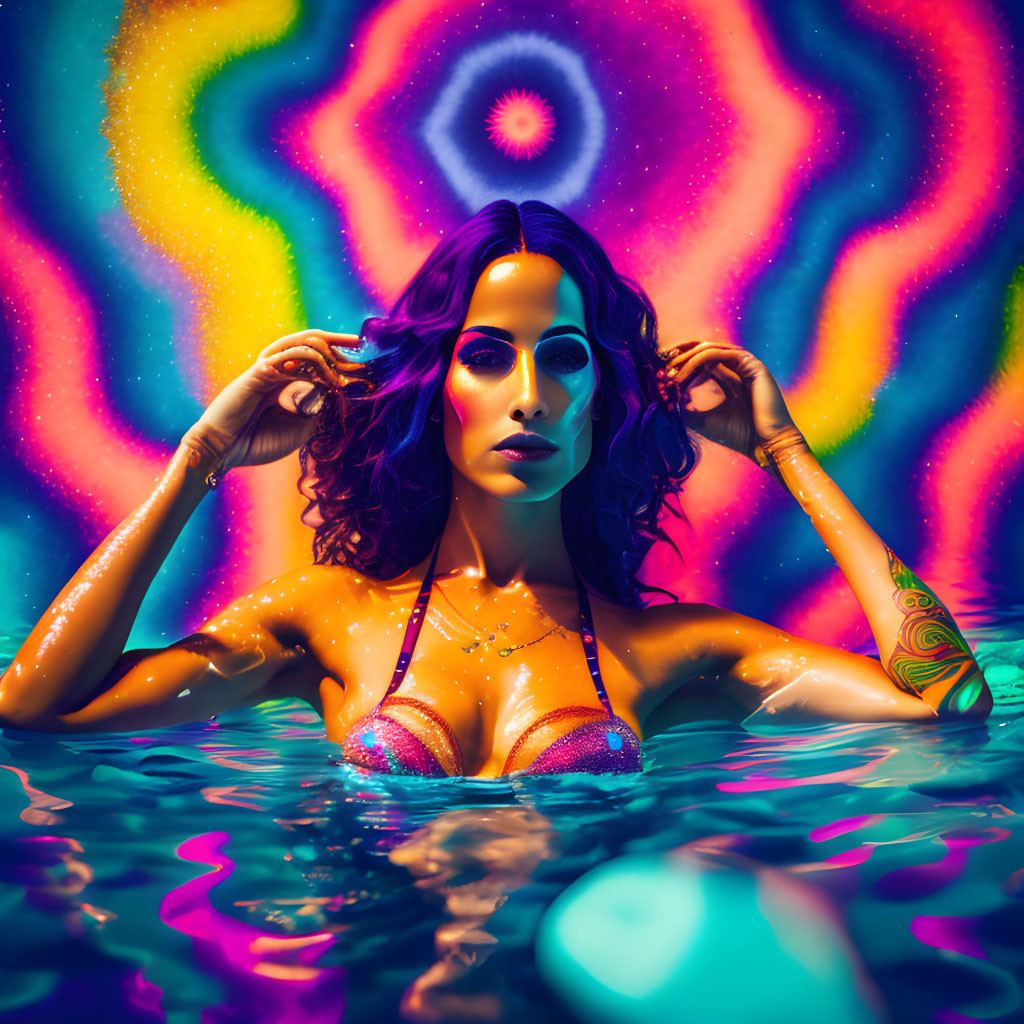 Vibrant purple hair woman submerged in colorful water scene