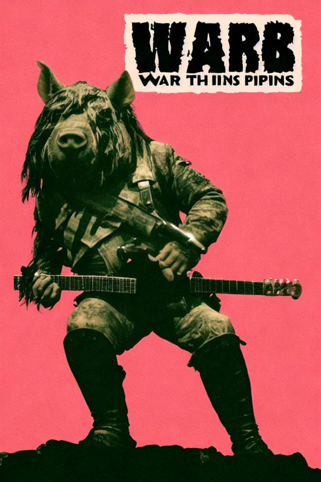 Anthropomorphic boar in military attire wields guitar against pink background